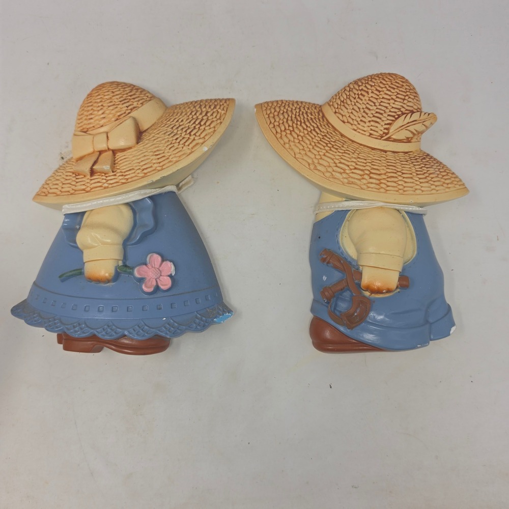 Vintage 1987 Miller Studio Chalkware Wall Art Set Country Boy Girl Straw Hats
